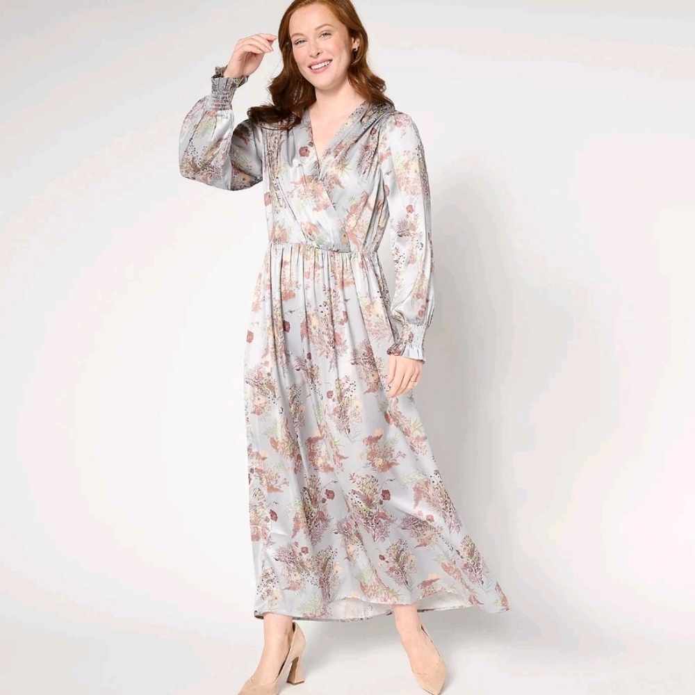 Me by Jennie Garth Maxi Dress Satin Floral Gray Long Sleeves V-neck Size 3XP
